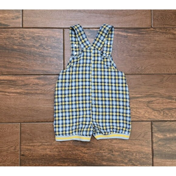 *Vintage Baby Boy Overalls 6-9M Blue Yellow Plaid Lil Builder Construction Theme - Picture 7 of 9